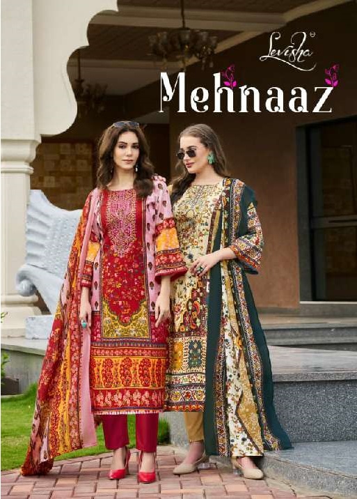 LEVISHA PRESENT MEHNAAZ WHOLESALE CEMRIC COTTON PAKISTANI PRINT WITH FANCY WORK UNSTITCHED TRENDY SALWAR SUITS