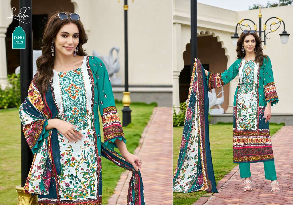 LEVISHA PRESENT MEHNAAZ WHOLESALE CEMRIC COTTON PAKISTANI PRINT WITH FANCY WORK UNSTITCHED TRENDY SALWAR SUITS