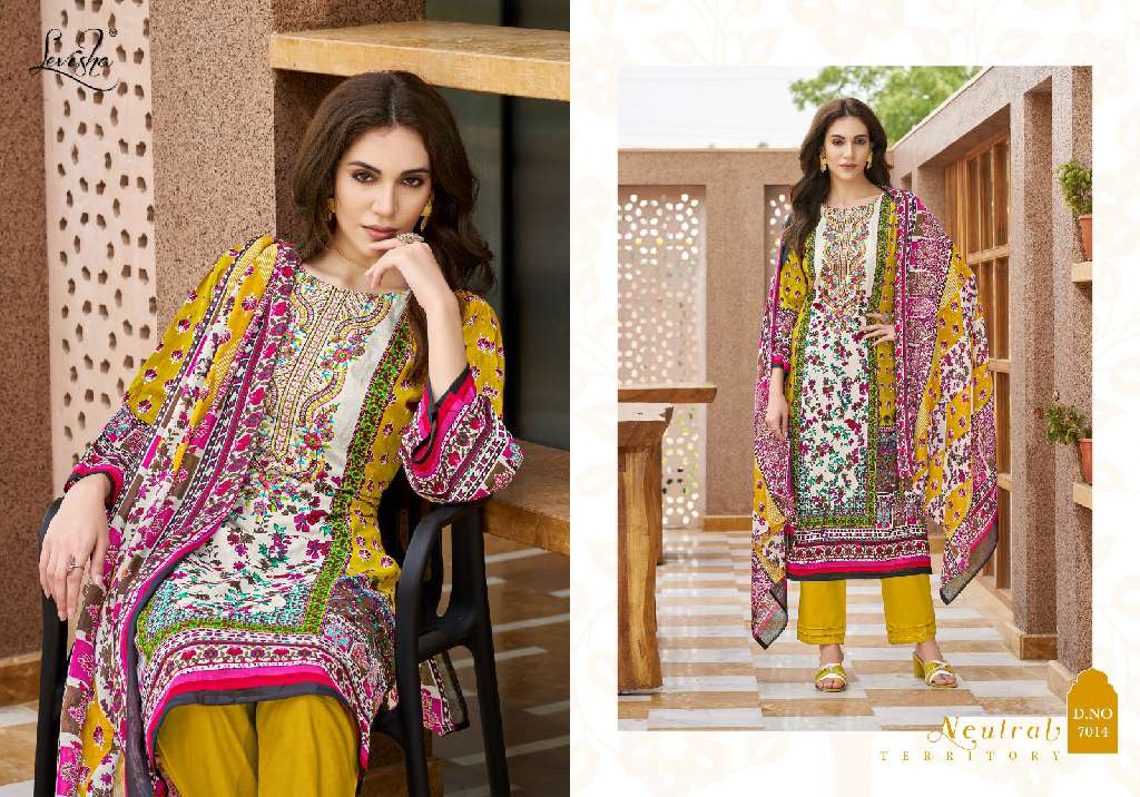 LEVISHA PRESENT MEHNAAZ WHOLESALE CEMRIC COTTON PAKISTANI PRINT WITH FANCY WORK UNSTITCHED TRENDY SALWAR SUITS