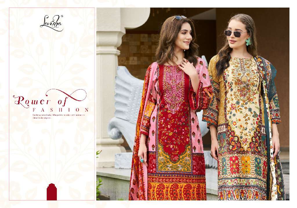 LEVISHA PRESENT MEHNAAZ WHOLESALE CEMRIC COTTON PAKISTANI PRINT WITH FANCY WORK UNSTITCHED TRENDY SALWAR SUITS