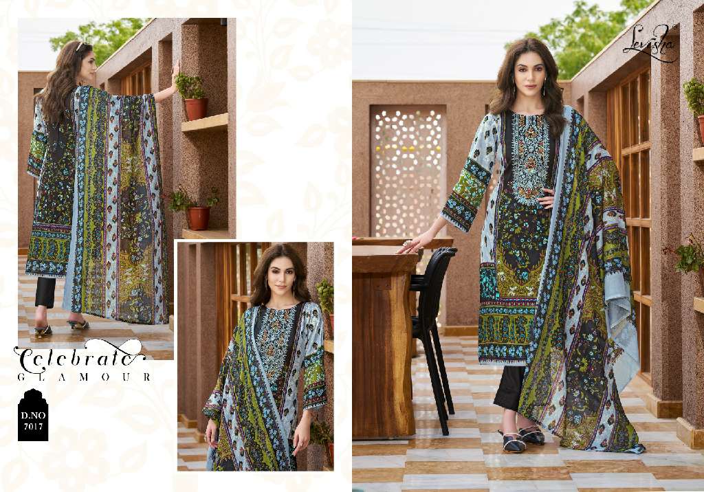 LEVISHA PRESENT MEHNAAZ WHOLESALE CEMRIC COTTON PAKISTANI PRINT WITH FANCY WORK UNSTITCHED TRENDY SALWAR SUITS