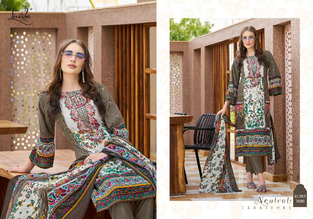 LEVISHA PRESENT MEHNAAZ WHOLESALE CEMRIC COTTON PAKISTANI PRINT WITH FANCY WORK UNSTITCHED TRENDY SALWAR SUITS