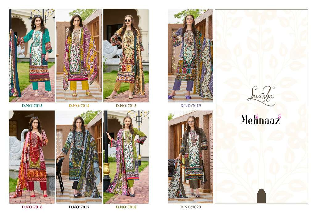 LEVISHA PRESENT MEHNAAZ WHOLESALE CEMRIC COTTON PAKISTANI PRINT WITH FANCY WORK UNSTITCHED TRENDY SALWAR SUITS