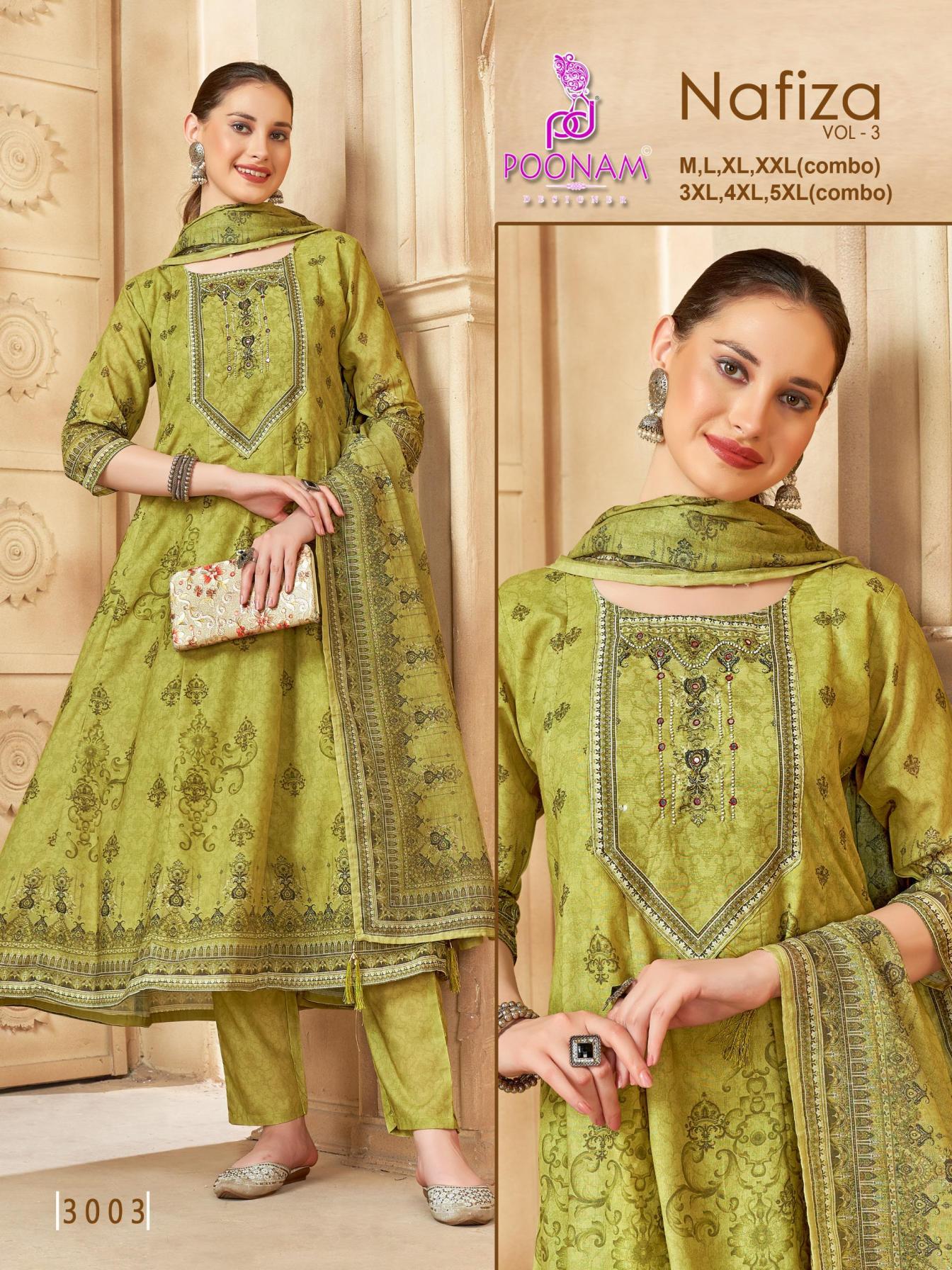 POONAM NAFIZA VOL 3 3001-3003 SERIES PRINTED COTTON SALWAR KAMEEZ COMBO