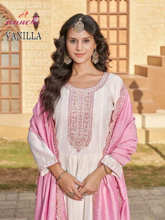 AANCHI VANILLA WHOLESALE VICHITRA SILK FULLY STITCHED 3 PCS FLAIR UNIQUE COLOR DRESS