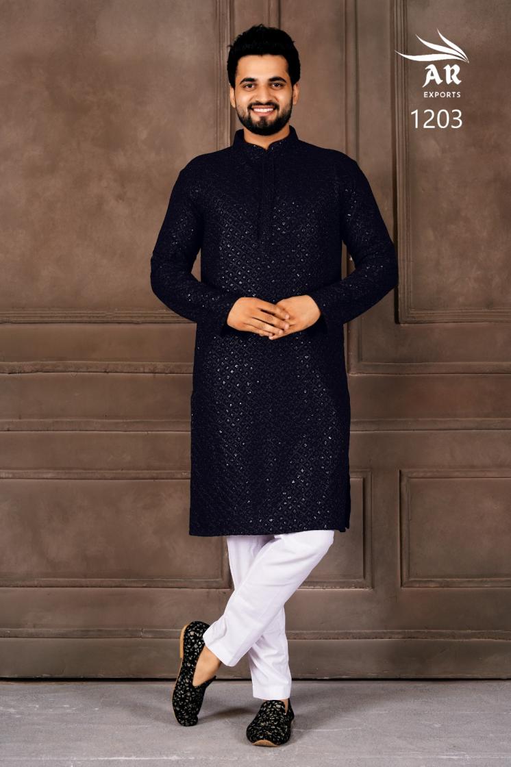 AR EXPORTS MANYAVAR VOL 1 RAYON SHIFFLLI SEQUENCE WORK READYMADE CLASSIC MENS KURTA