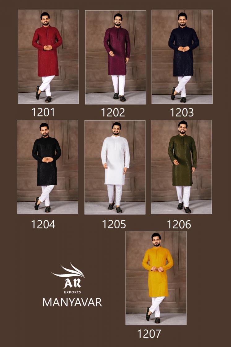 AR EXPORTS MANYAVAR VOL 1 RAYON SHIFFLLI SEQUENCE WORK READYMADE CLASSIC MENS KURTA