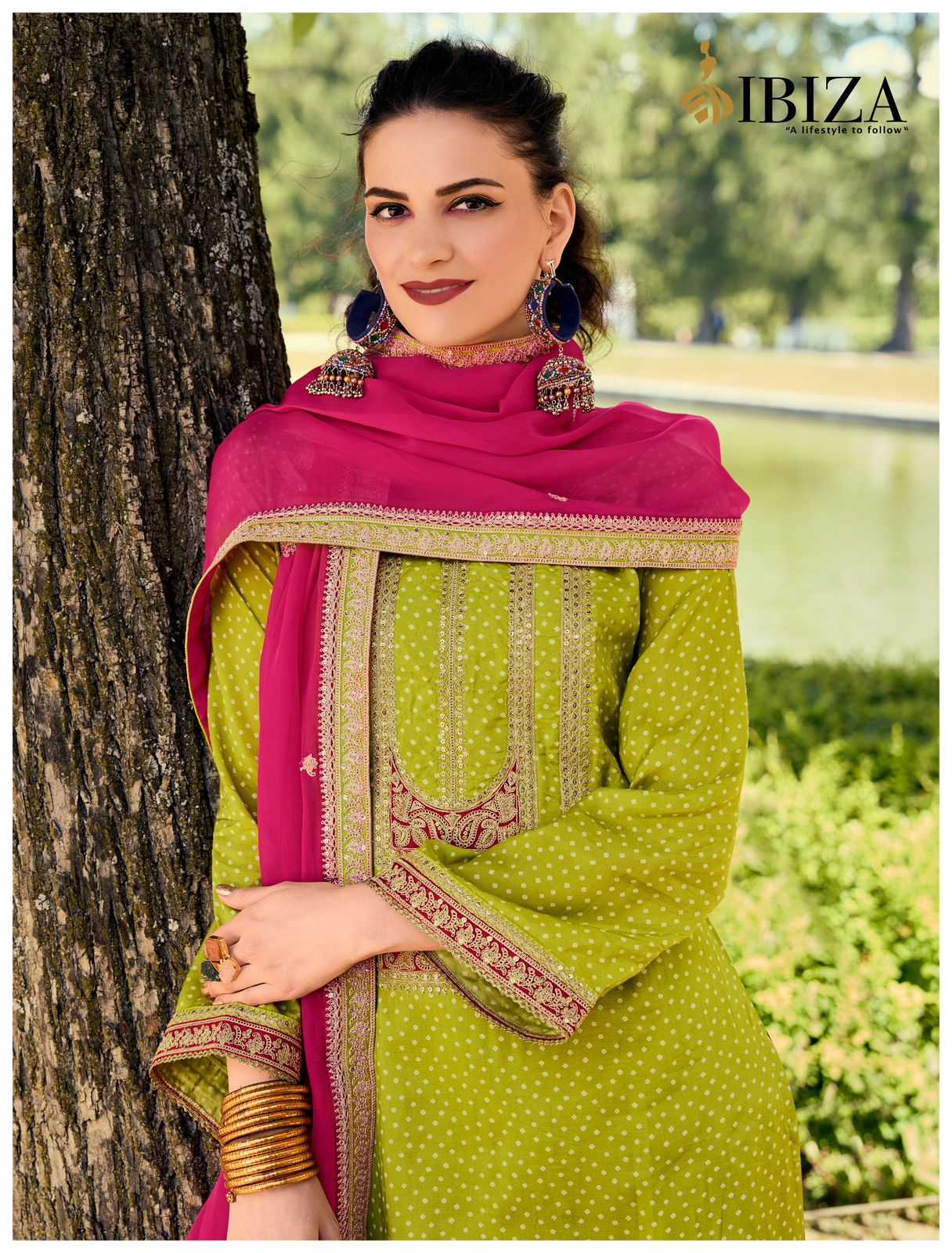 RANG BANDHEJ BY IBIZA RUSSIAN SILK TRADITIONAL WEAR DRESS MATERIAL EXPORTS