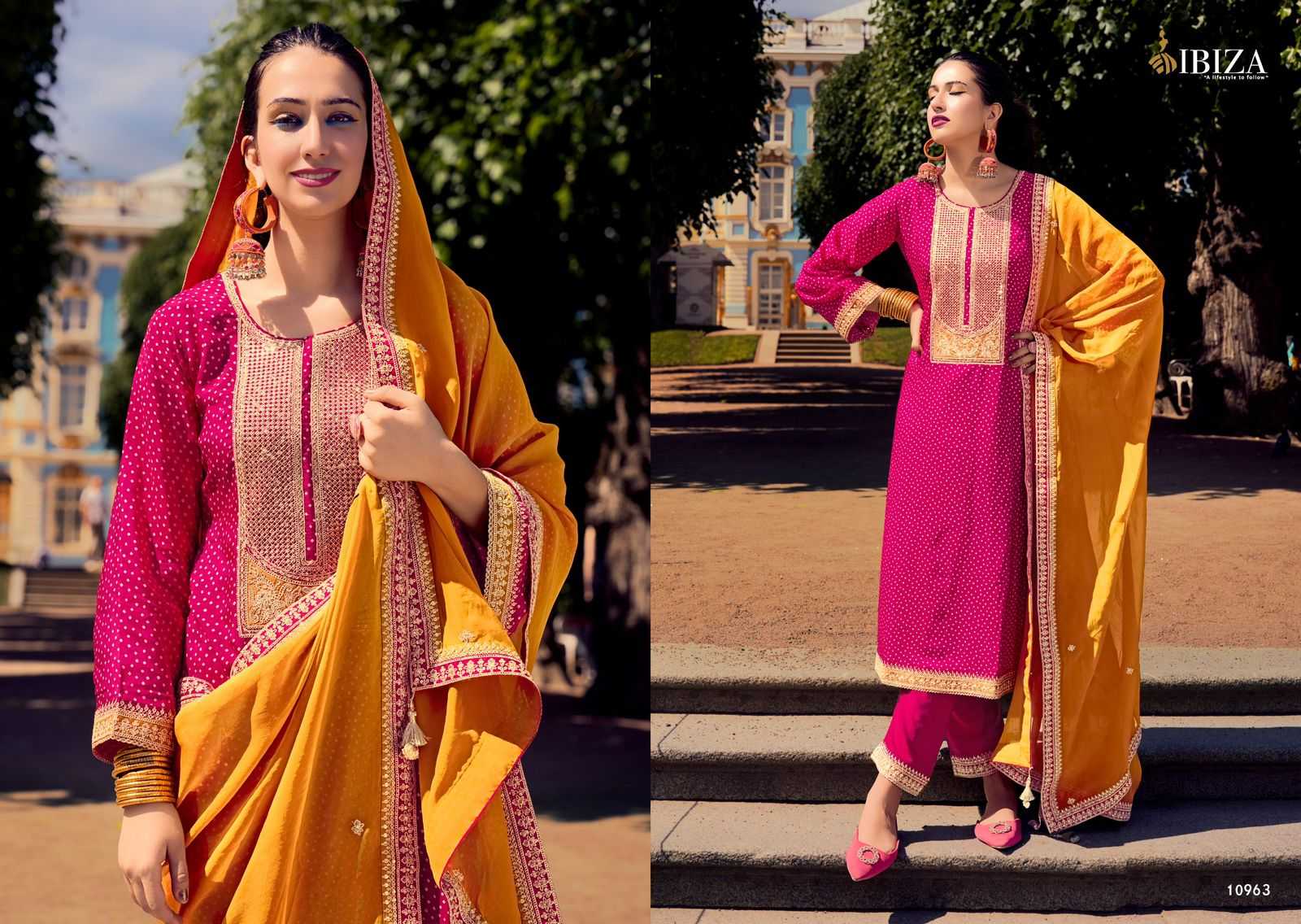 RANG BANDHEJ BY IBIZA RUSSIAN SILK TRADITIONAL WEAR DRESS MATERIAL EXPORTS