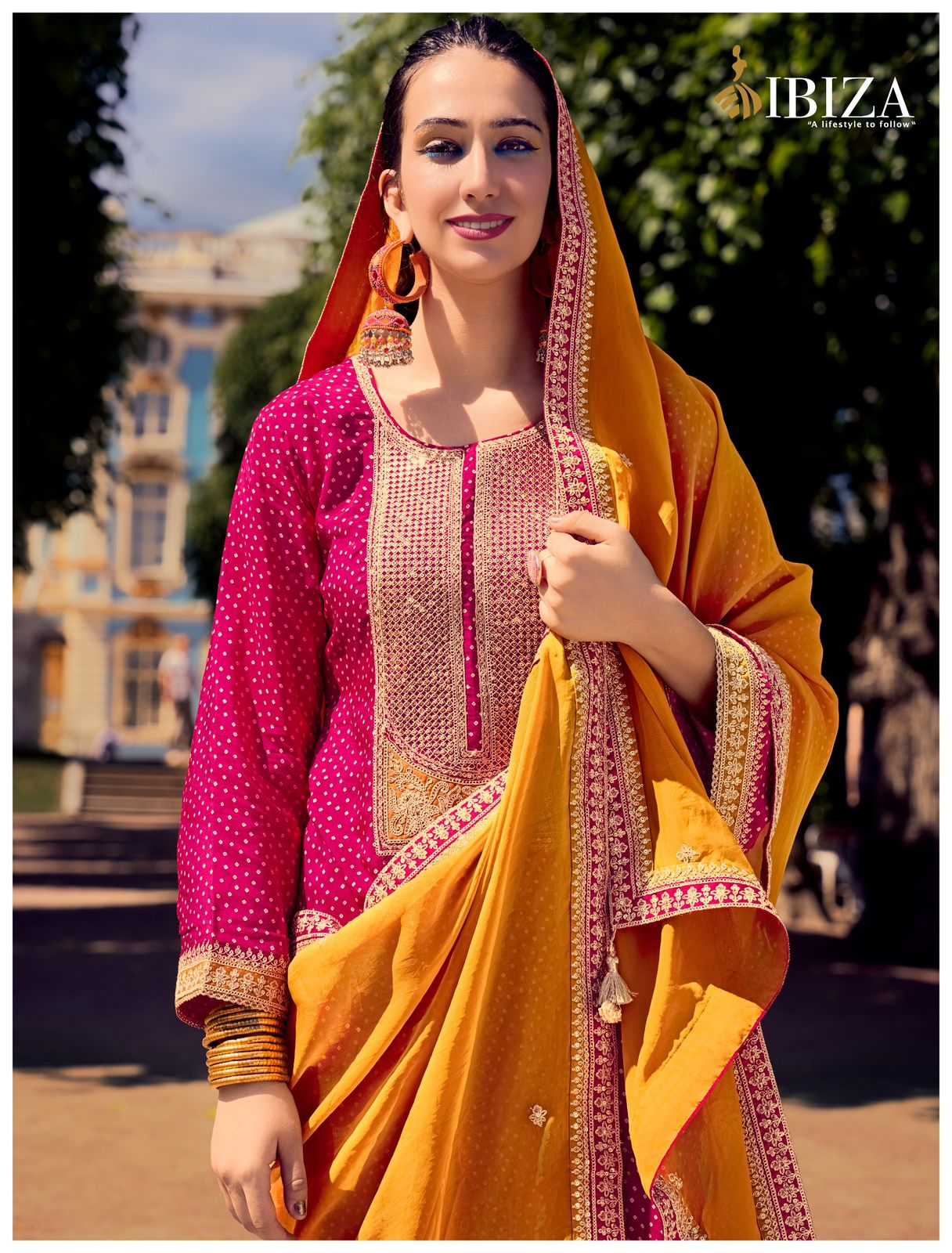 RANG BANDHEJ BY IBIZA RUSSIAN SILK TRADITIONAL WEAR DRESS MATERIAL EXPORTS