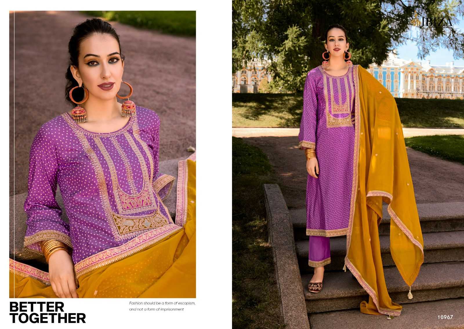 RANG BANDHEJ BY IBIZA RUSSIAN SILK TRADITIONAL WEAR DRESS MATERIAL EXPORTS