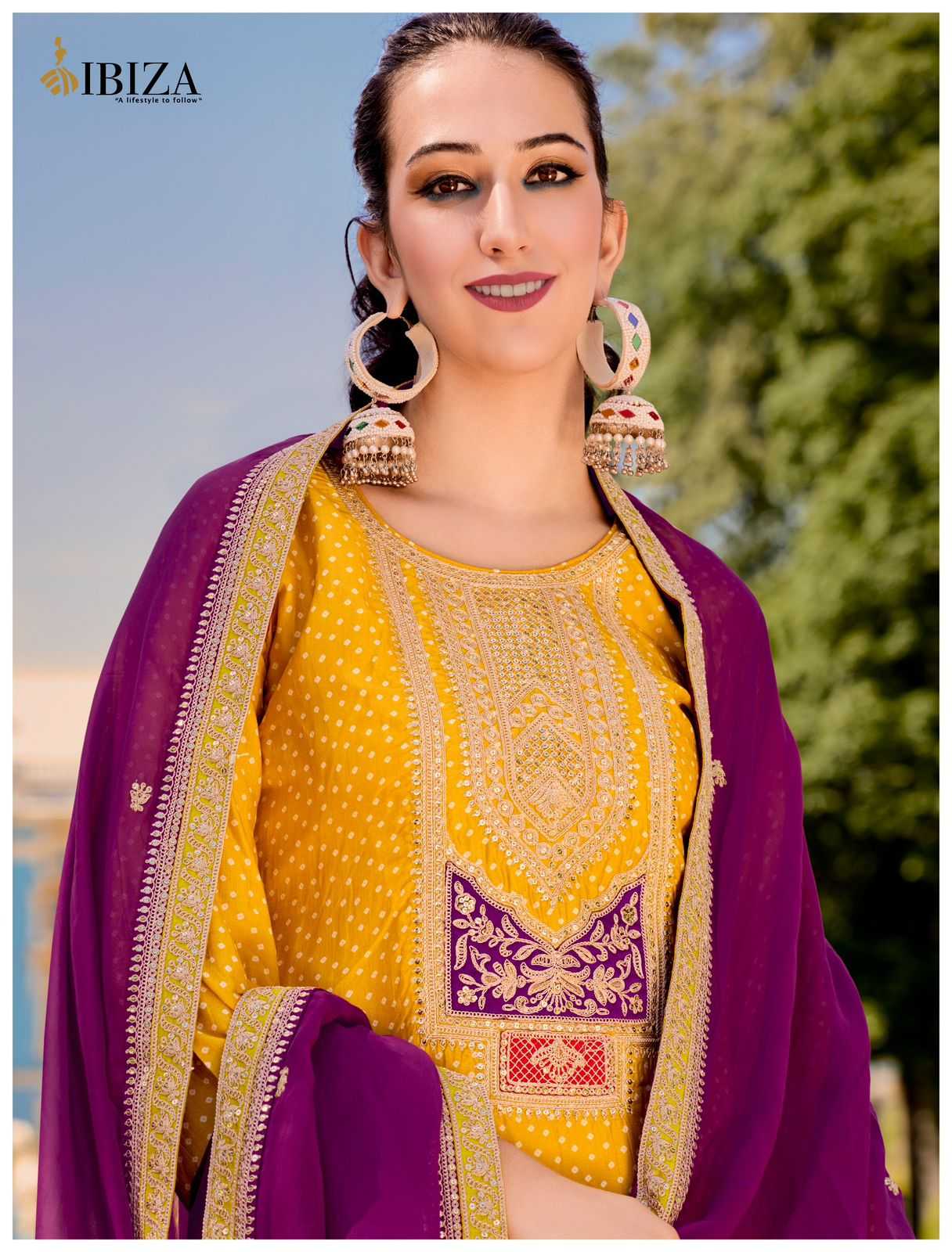 RANG BANDHEJ BY IBIZA RUSSIAN SILK TRADITIONAL WEAR DRESS MATERIAL EXPORTS