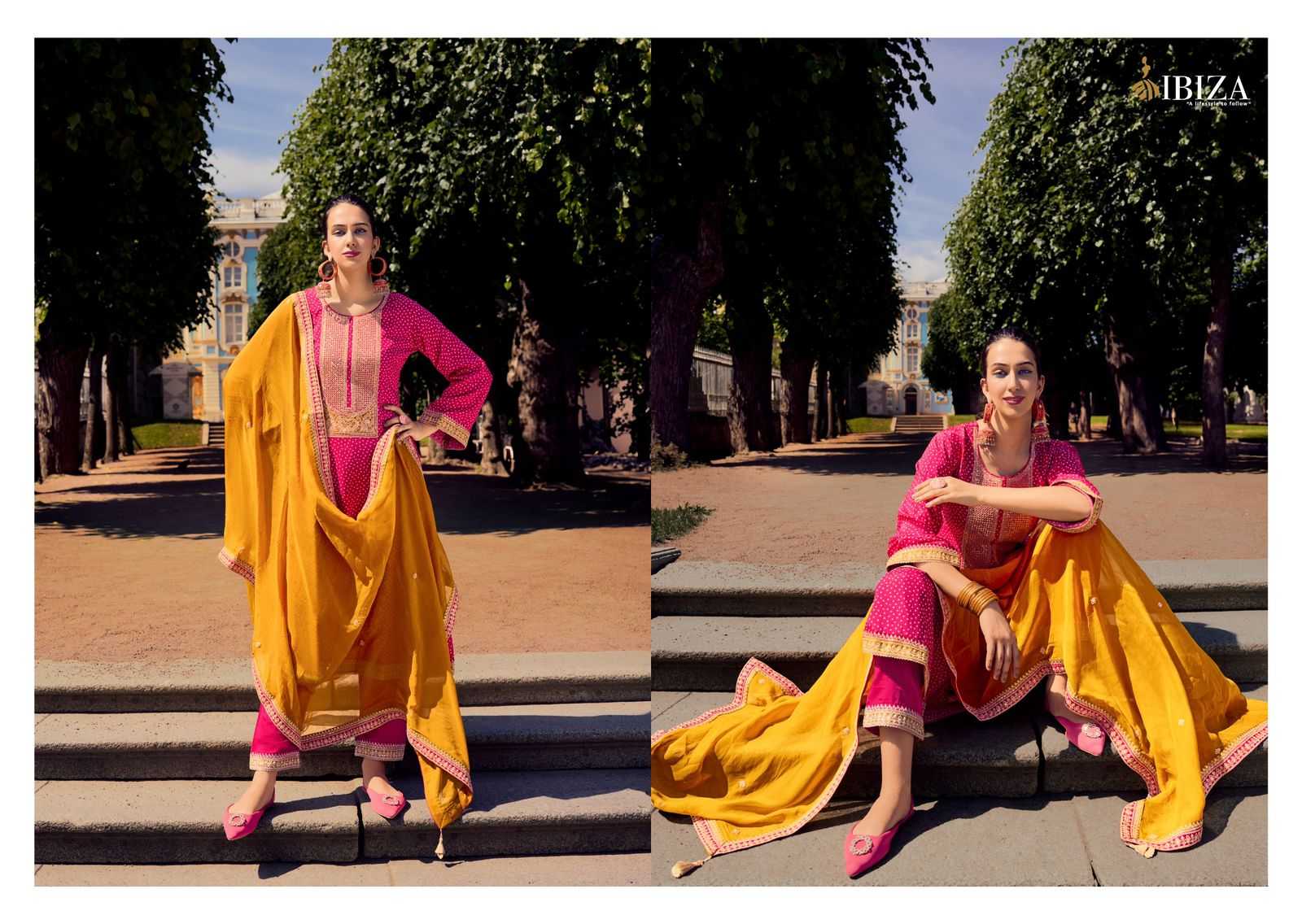 RANG BANDHEJ BY IBIZA RUSSIAN SILK TRADITIONAL WEAR DRESS MATERIAL EXPORTS