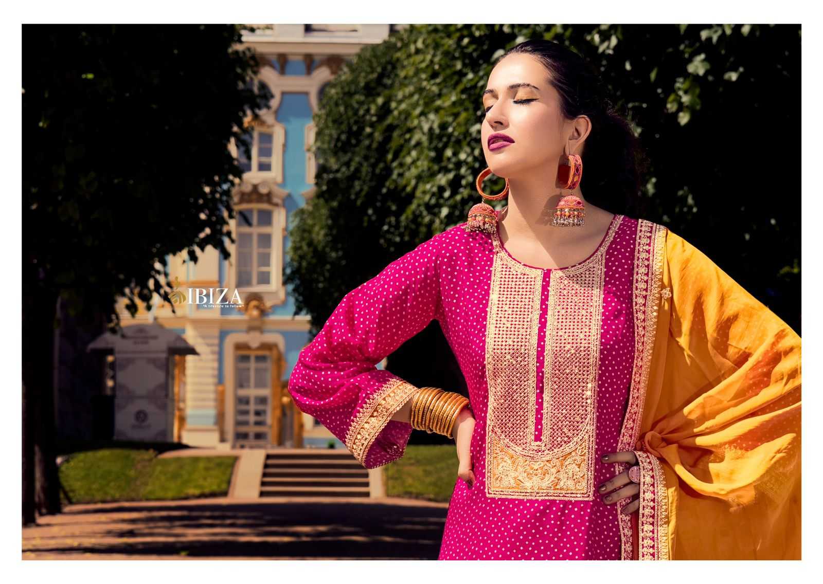 RANG BANDHEJ BY IBIZA RUSSIAN SILK TRADITIONAL WEAR DRESS MATERIAL EXPORTS