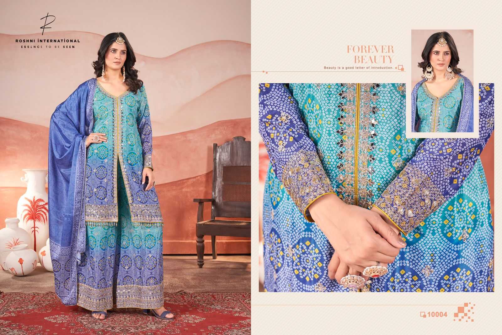 ZUBEDA KASTURI EMBROIDERY CHINON SILK PRINT READYMADE PLAZZO STYLE 3PCS DRESS