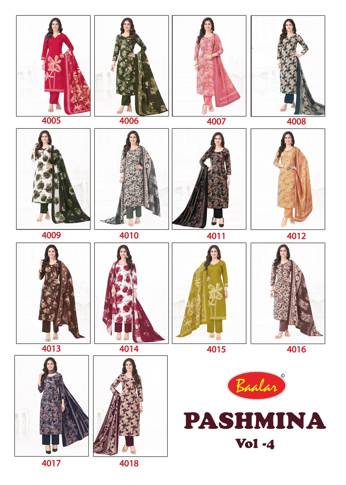 BAALAR PASHMINA VOL-4 WHOLESALE HEAVY LAWN COTTON FLOWER PRINTED DAILY WEAR SALWAR SUITS