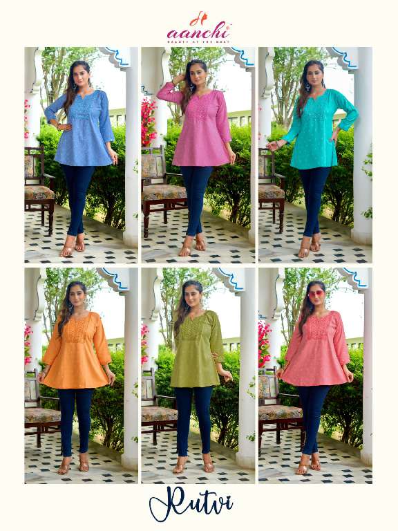 AANCHI RUTVI WHOLESALE FANCY EMBROIDERY WORK UNIQUE COLOR FULLY STITCHED SHORT TOPS