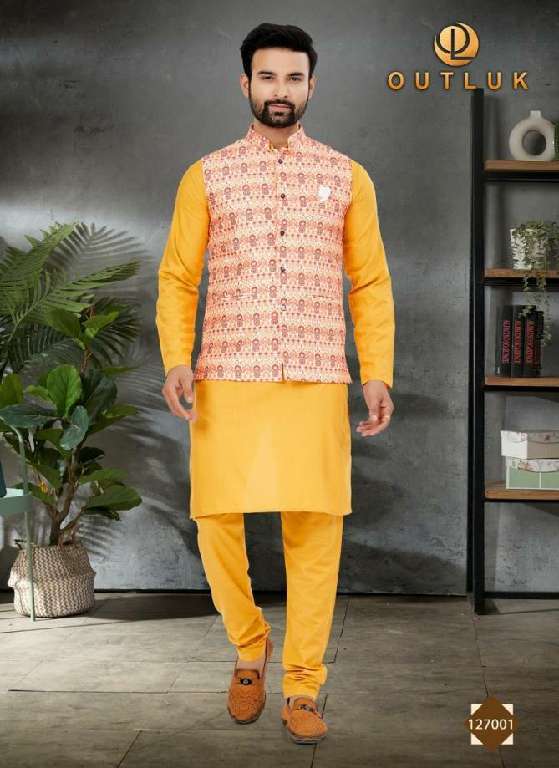 OUTLUK WEDDING COLLECTION VOL-127 WHOLESALE COTTON KURTA WITH SILK DIGITAL PRINT KOTI MENS KURTA AND KOTI COLLECTIONS