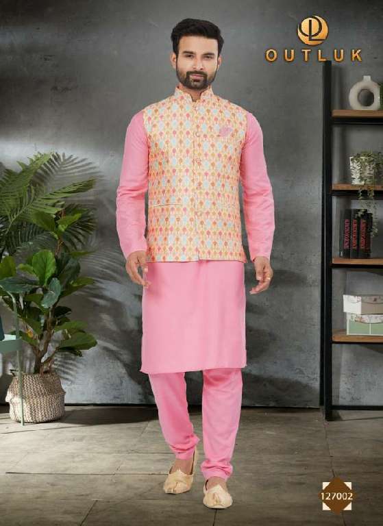 OUTLUK WEDDING COLLECTION VOL-127 WHOLESALE COTTON KURTA WITH SILK DIGITAL PRINT KOTI MENS KURTA AND KOTI COLLECTIONS