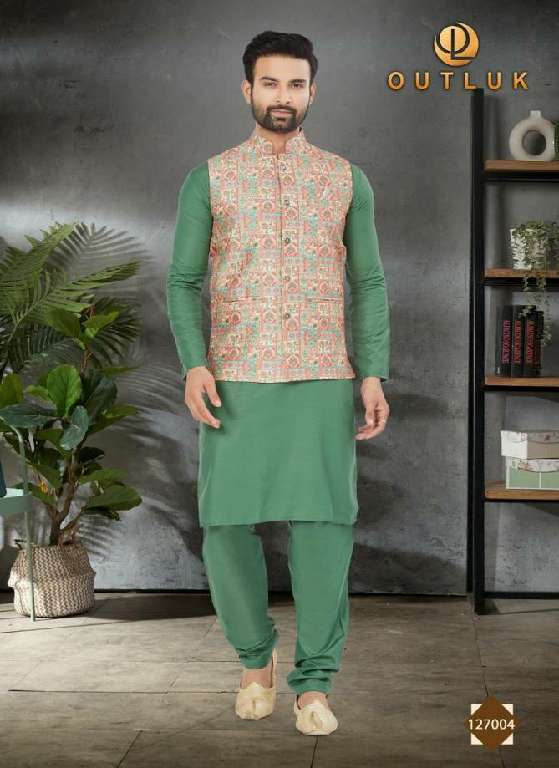 OUTLUK WEDDING COLLECTION VOL-127 WHOLESALE COTTON KURTA WITH SILK DIGITAL PRINT KOTI MENS KURTA AND KOTI COLLECTIONS