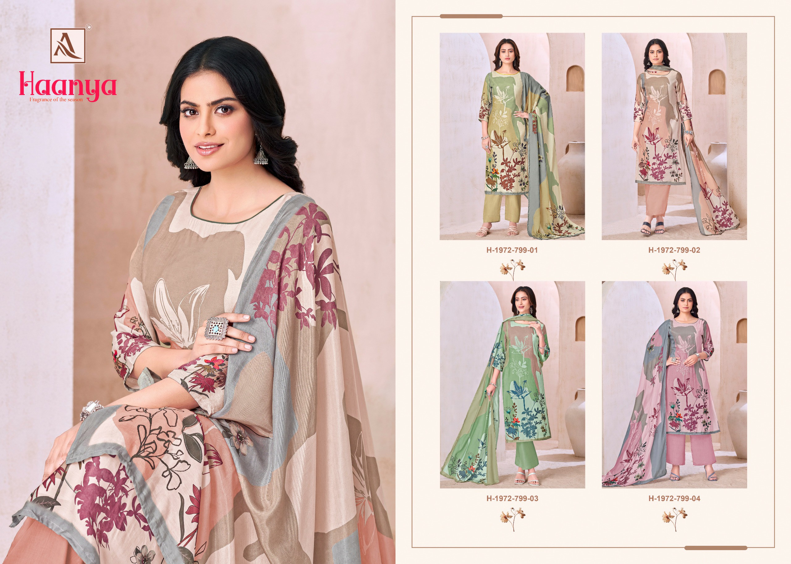 ALOK HAANYA WHOLESALE PURE VISCOSE MASLIN DIGITAL PRINT WITH HAND WORK ELEHANT DRESS MATERIAL