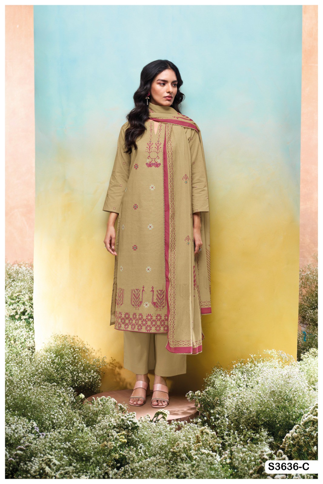 GANGA NADESHA S3636 WHOLESALE COTTON PRINTED WITH HAND EMBROIDERY CLASSIC SUITS