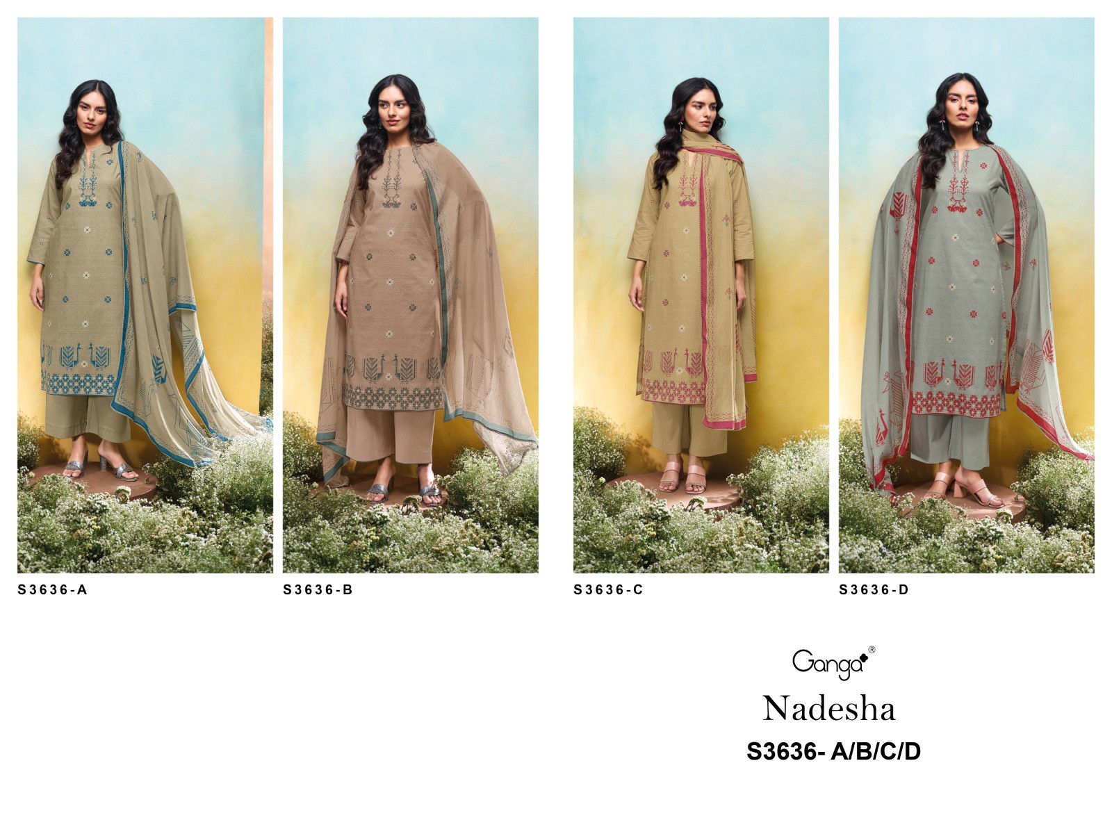 GANGA NADESHA S3636 WHOLESALE COTTON PRINTED WITH HAND EMBROIDERY CLASSIC SUITS