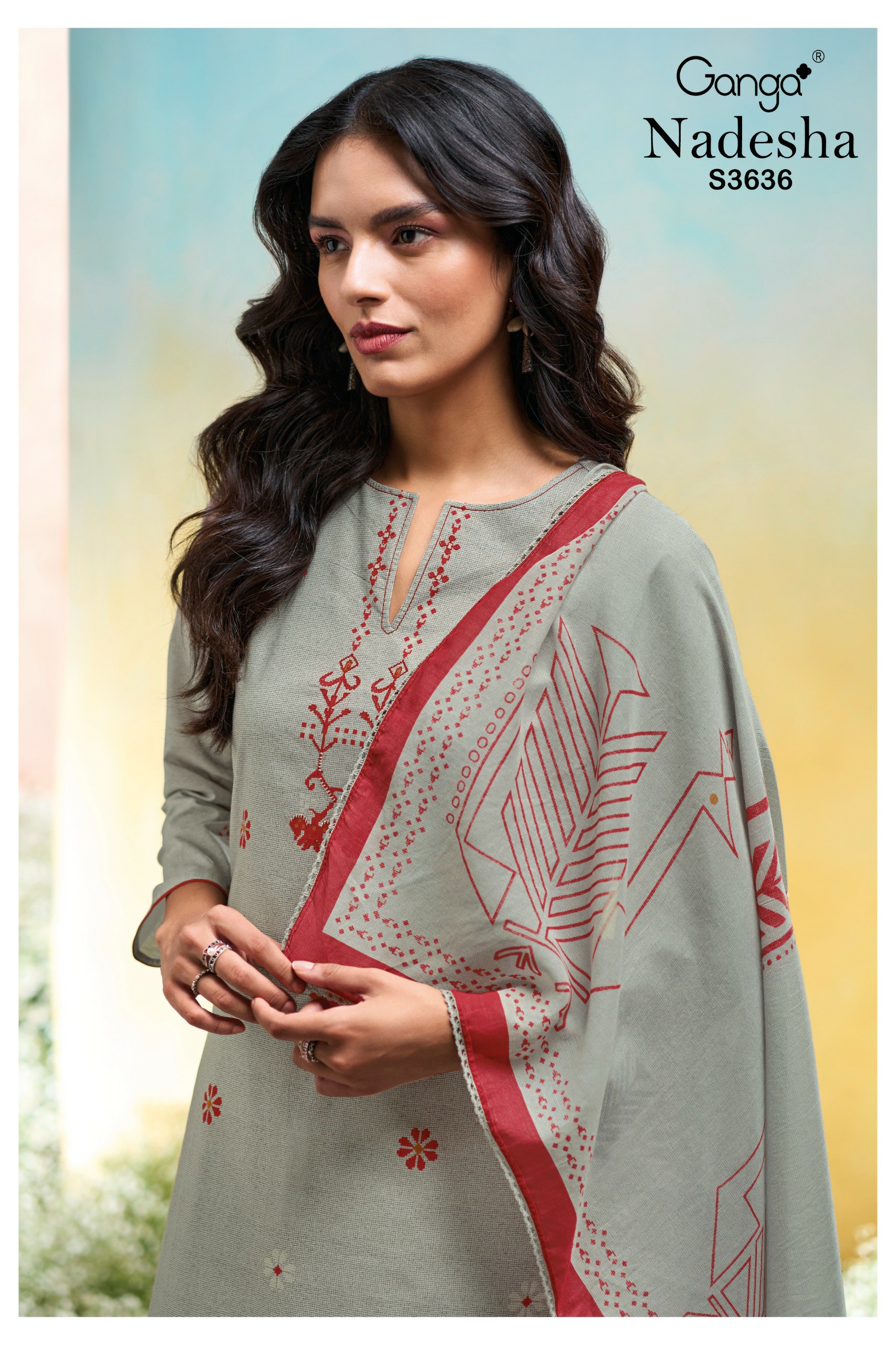 GANGA NADESHA S3636 WHOLESALE COTTON PRINTED WITH HAND EMBROIDERY CLASSIC SUITS