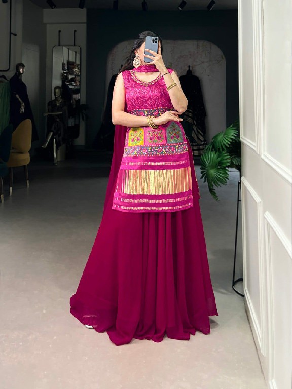 LNB 3012 COLOUR WHOLESALE GAJI SILK PRINTED WITH HANDOWORK FANCY TOP WITH PLAZOO AND DUPATTA