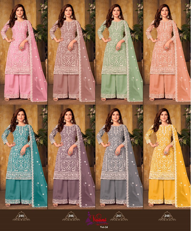 DANI FASHION VAANI VOL-24 WHOLESALE NET WITH CORDING WORK UNIQUE COLOUR TOP WITH PLAZZO AND DUPATTA COLLECTION