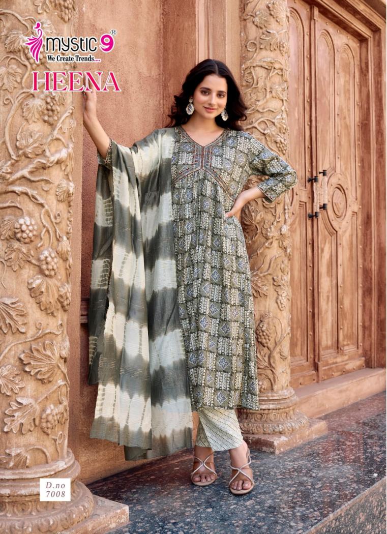 HEENA VOL 7 BY MYSTIC 9 RAYON PRINT READYMADE CLASSIC LOOK SUIT FOR WOMENS
