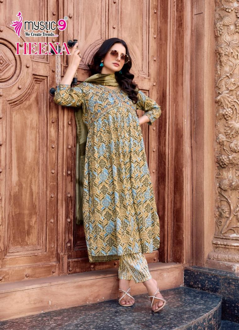 HEENA VOL 7 BY MYSTIC 9 RAYON PRINT READYMADE CLASSIC LOOK SUIT FOR WOMENS