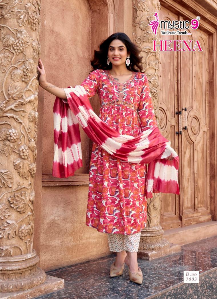 HEENA VOL 7 BY MYSTIC 9 RAYON PRINT READYMADE CLASSIC LOOK SUIT FOR WOMENS