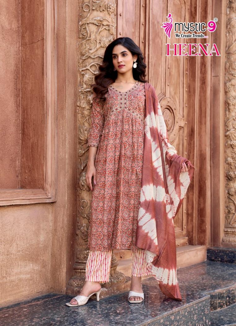 HEENA VOL 7 BY MYSTIC 9 RAYON PRINT READYMADE CLASSIC LOOK SUIT FOR WOMENS