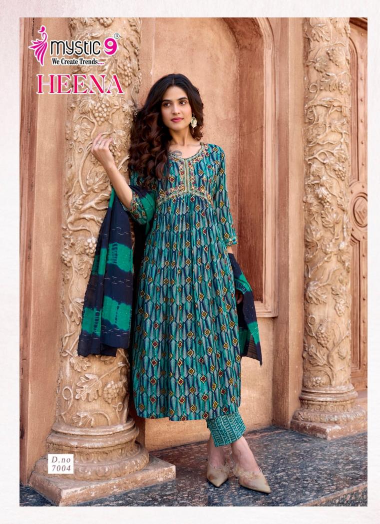 HEENA VOL 7 BY MYSTIC 9 RAYON PRINT READYMADE CLASSIC LOOK SUIT FOR WOMENS