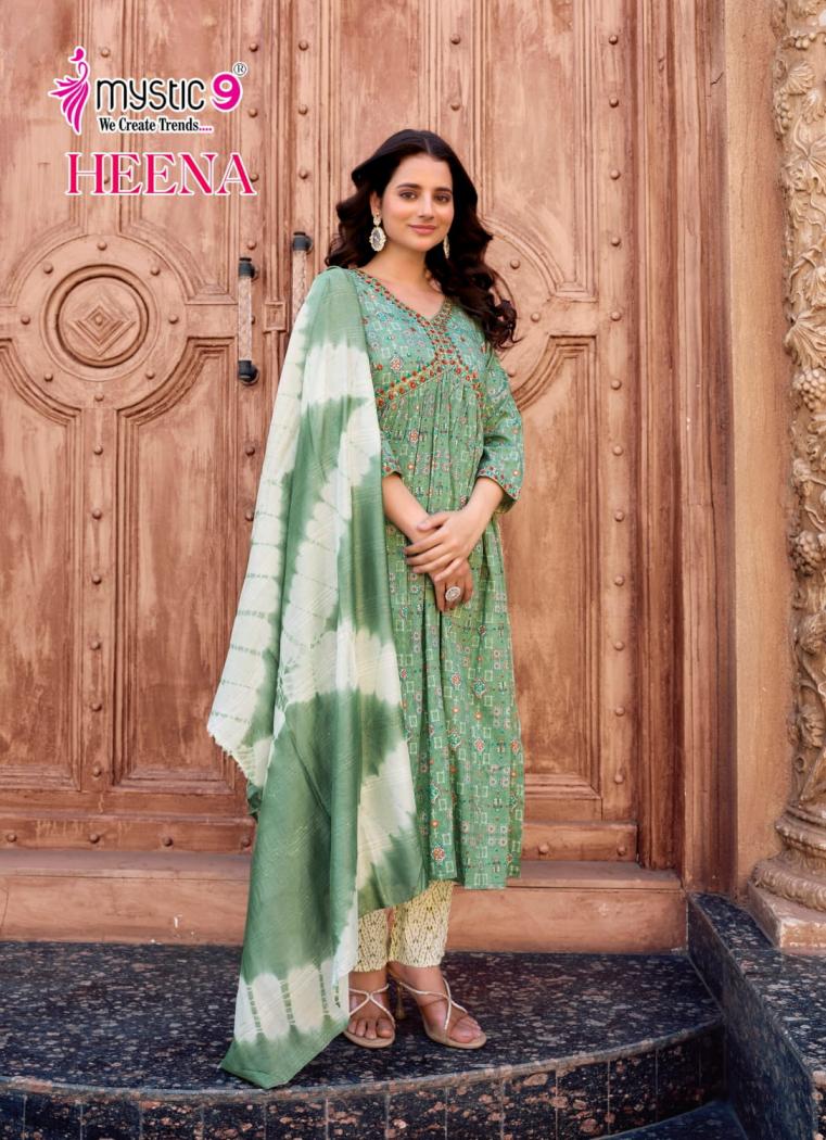 HEENA VOL 7 BY MYSTIC 9 RAYON PRINT READYMADE CLASSIC LOOK SUIT FOR WOMENS
