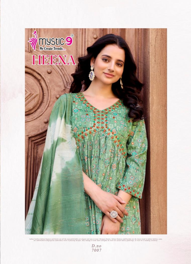 HEENA VOL 7 BY MYSTIC 9 RAYON PRINT READYMADE CLASSIC LOOK SUIT FOR WOMENS