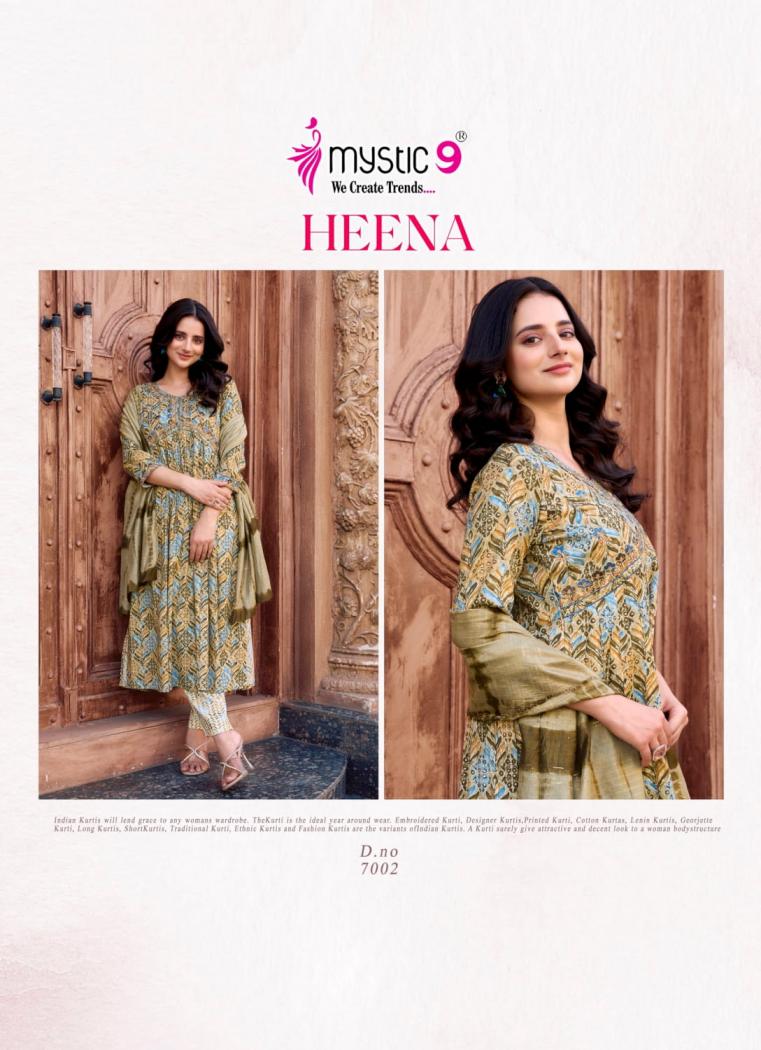 HEENA VOL 7 BY MYSTIC 9 RAYON PRINT READYMADE CLASSIC LOOK SUIT FOR WOMENS