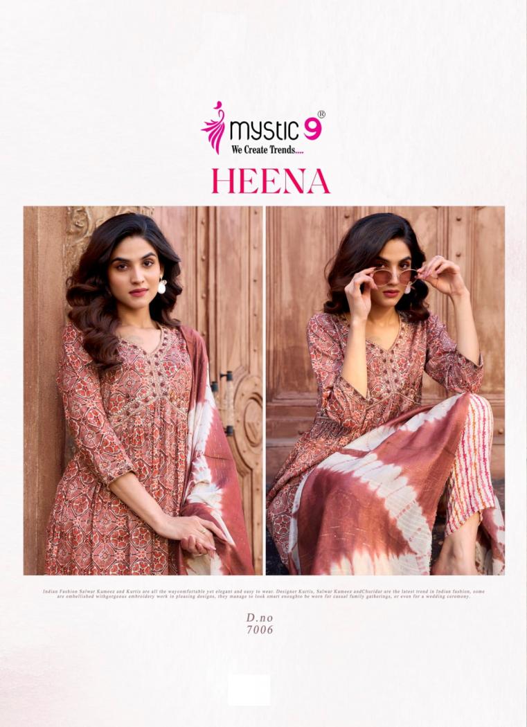 HEENA VOL 7 BY MYSTIC 9 RAYON PRINT READYMADE CLASSIC LOOK SUIT FOR WOMENS