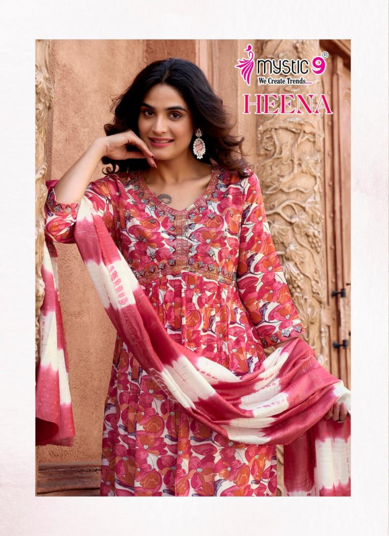 HEENA VOL 7 BY MYSTIC 9 RAYON PRINT READYMADE CLASSIC LOOK SUIT FOR WOMENS