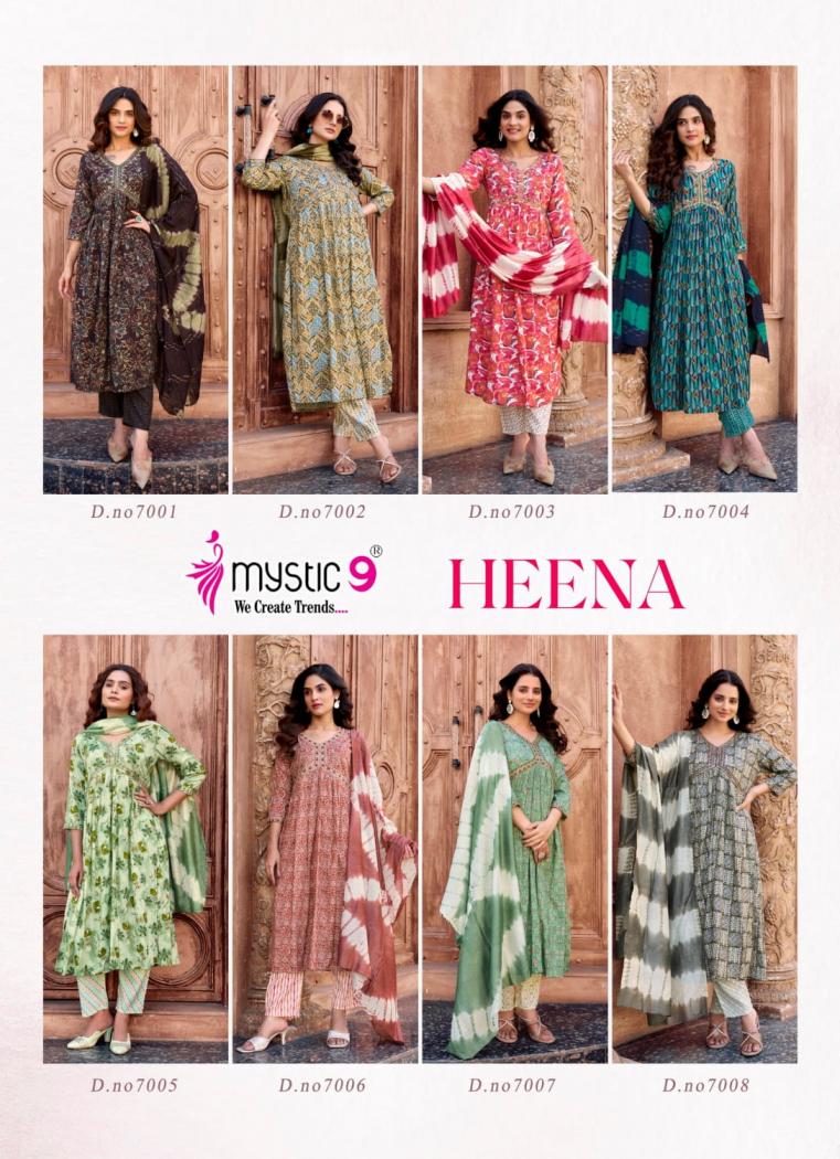 HEENA VOL 7 BY MYSTIC 9 RAYON PRINT READYMADE CLASSIC LOOK SUIT FOR WOMENS