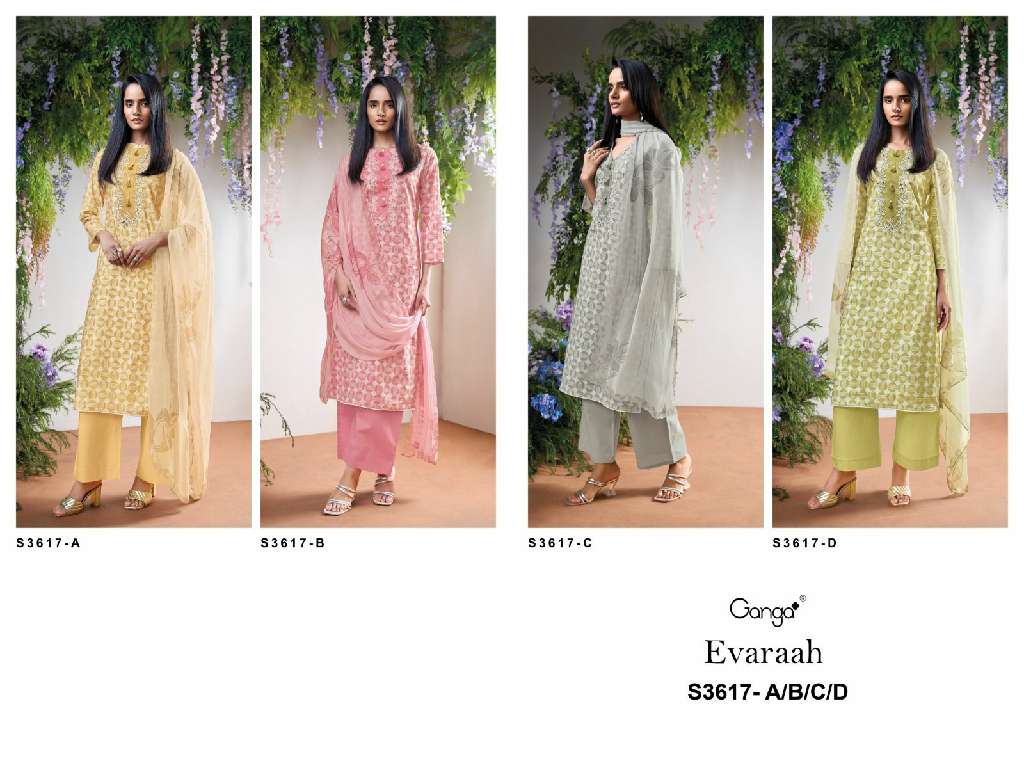 GANGA EVARAAH S3617 WHOLESALE PURE COTTON PRINTED WITH CROCHET LACE ON DAMAN FASHIONABLE SUITS