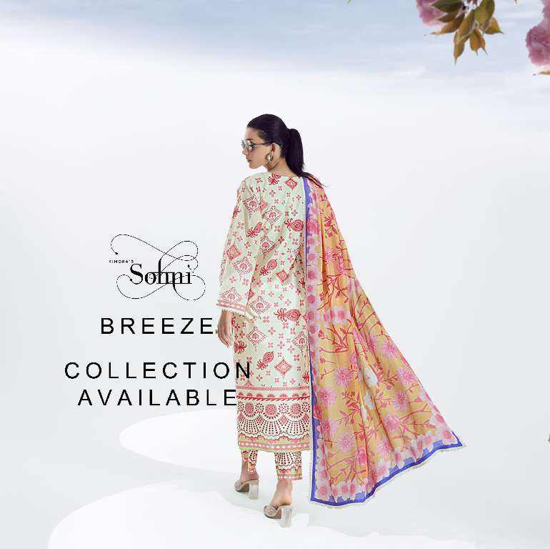 KIMORA PRESENT SOHNI BREEZE PURE COTTON LAWN WITH DIGITAL PRINT EMBROIDERY NECKLINE UNIQUE COLOR COMBINATION PAKISTANI SUITS