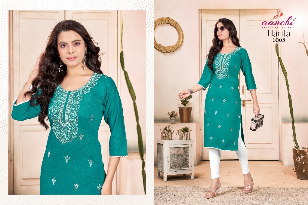HARITA BY AANCHI WHOLESALE VATICAN FANCY NECK WITH EMBROIDERY WORK CLASSIC STRAIGHT KURTIS