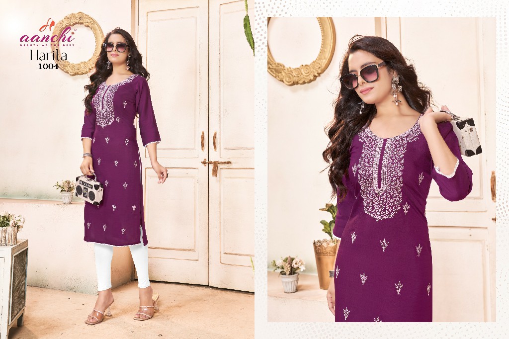 HARITA BY AANCHI WHOLESALE VATICAN FANCY NECK WITH EMBROIDERY WORK CLASSIC STRAIGHT KURTIS
