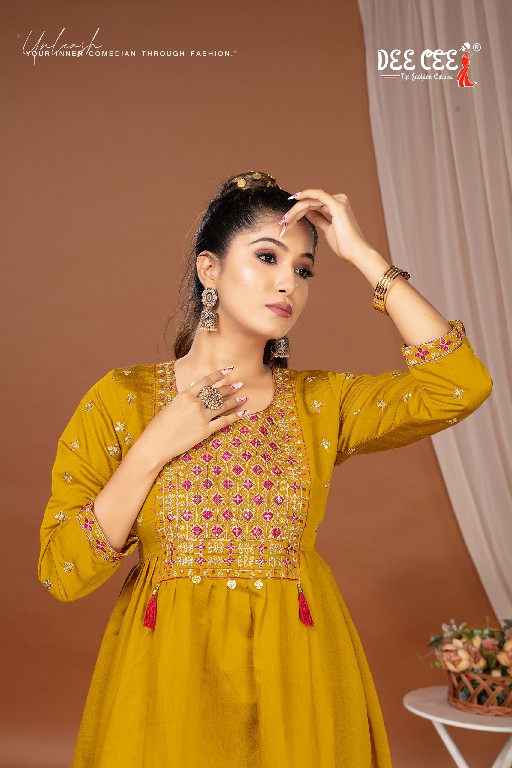 SKYLAR BY DEE CEE WHOLESALE ROMAN SILK EMBROIDERY BRODER ON DAMAN WITH BUTTI TRENDY LONG KURTIS