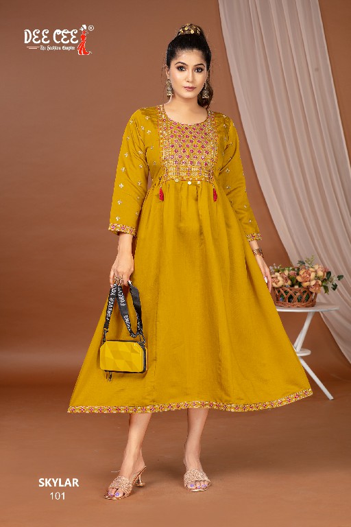 SKYLAR BY DEE CEE WHOLESALE ROMAN SILK EMBROIDERY BRODER ON DAMAN WITH BUTTI TRENDY LONG KURTIS