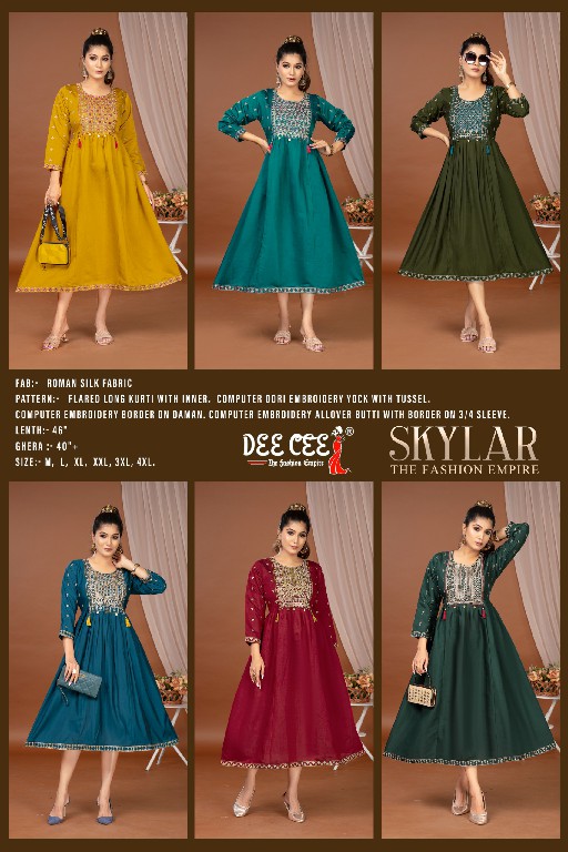 SKYLAR BY DEE CEE WHOLESALE ROMAN SILK EMBROIDERY BRODER ON DAMAN WITH BUTTI TRENDY LONG KURTIS