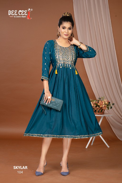 SKYLAR BY DEE CEE WHOLESALE ROMAN SILK EMBROIDERY BRODER ON DAMAN WITH BUTTI TRENDY LONG KURTIS