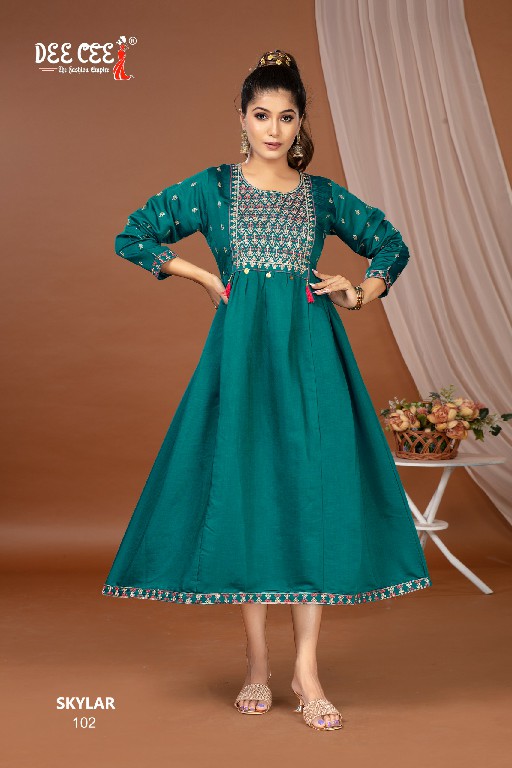 SKYLAR BY DEE CEE WHOLESALE ROMAN SILK EMBROIDERY BRODER ON DAMAN WITH BUTTI TRENDY LONG KURTIS